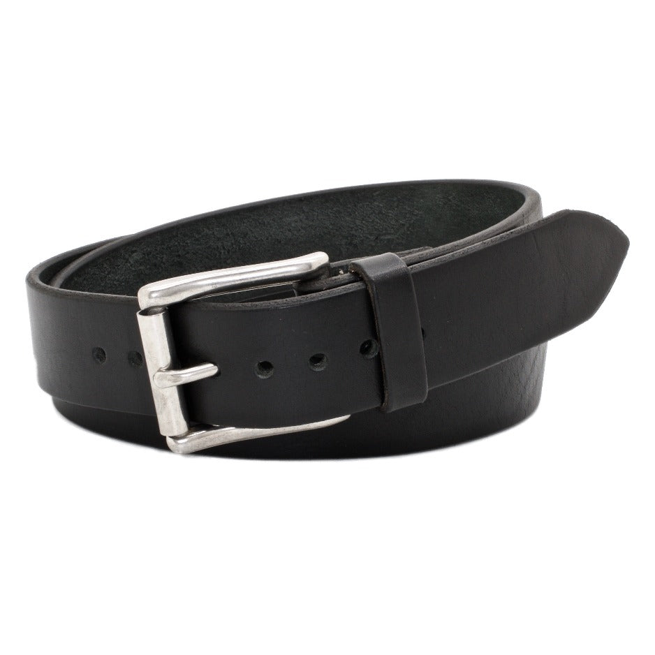 Front Side of Classic Black Mens Leather Belt with Stainless Steel buckle