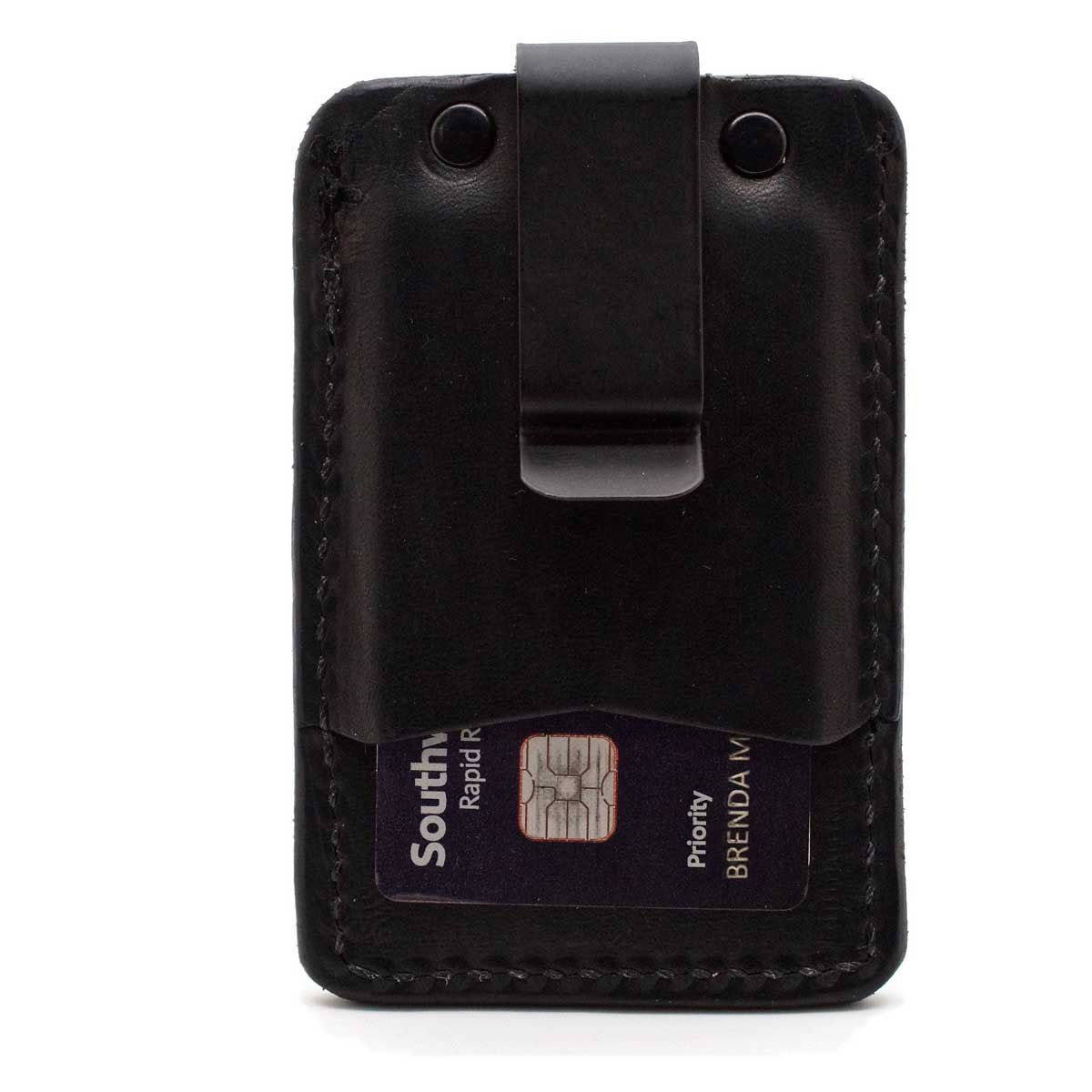 Front side of black minimalist wallet with 2 pockets showing cards