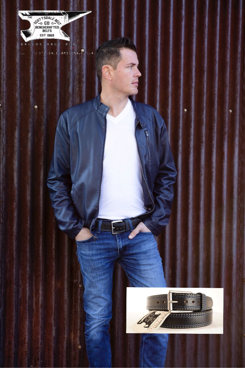 Front Side of Shelby Mens Black Leather Belt with Stainless Steel buckle