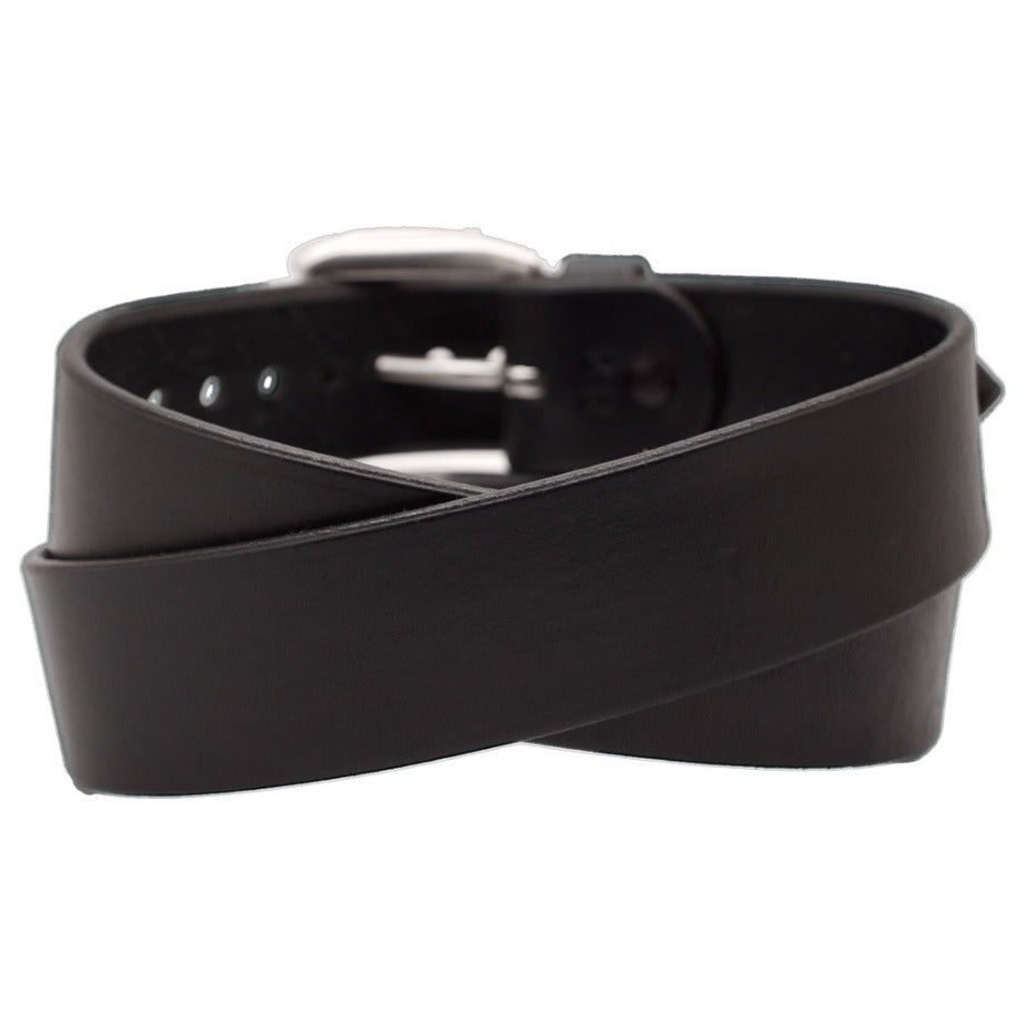 Front Side of Classic Black Mens Wide Leather Belt with Stainless Steel buckle