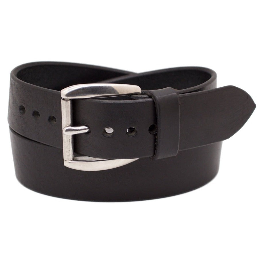 Front Side of Classic Black Mens Wide Leather Belt with Stainless Steel buckle