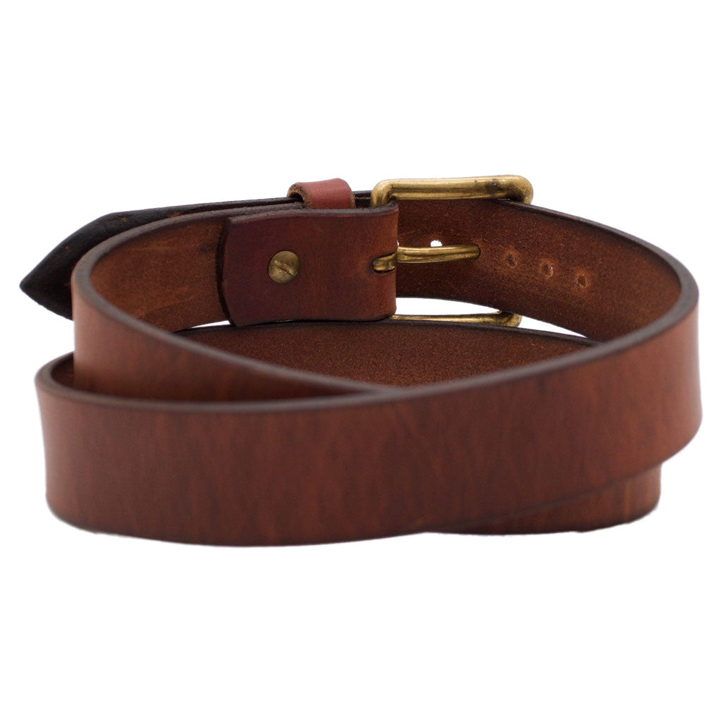 Front Side of Classic Narrow Copper Leather Belt with Solid Brass Buckle