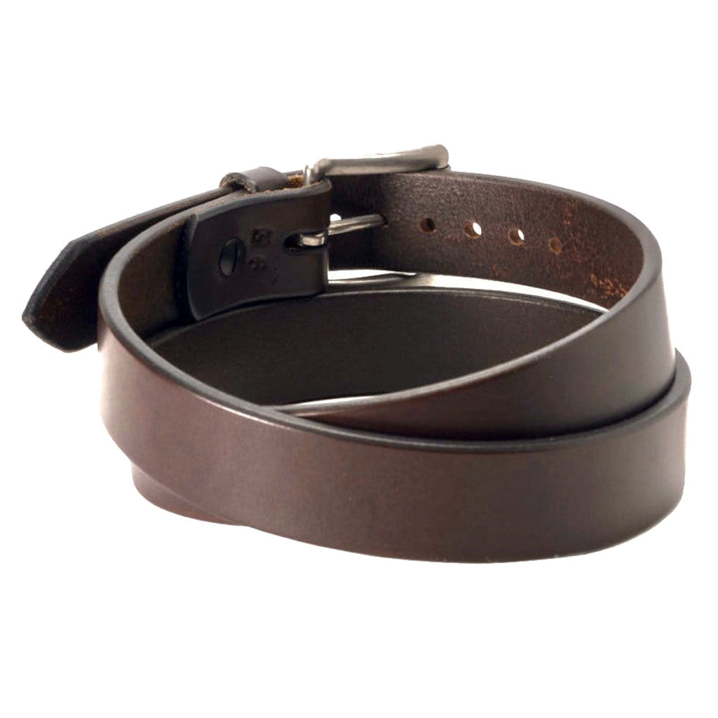 Front Side of Classic Espresso Narrow Mens Brown Leather Belt with Stainless Steel Buckle