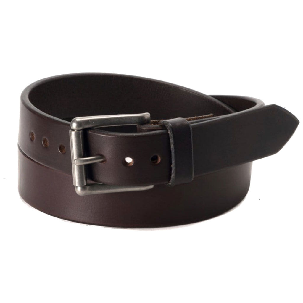 Front Side of Classic Espresso Narrow Mens Brown Leather Belt with Stainless Steel Buckle
