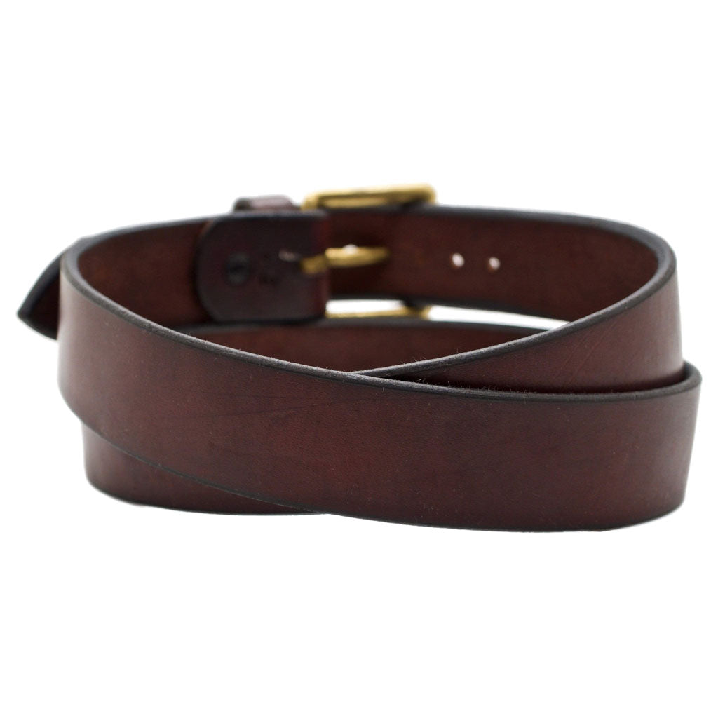 Back Side of Classic Mahogany Mens Brown Leather Belt with Solid Brass Buckle