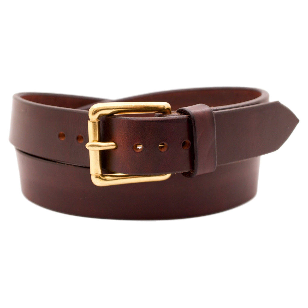 Front Side of Classic Merlot Mens Brown Leather Belt with Solid Brass Buckle