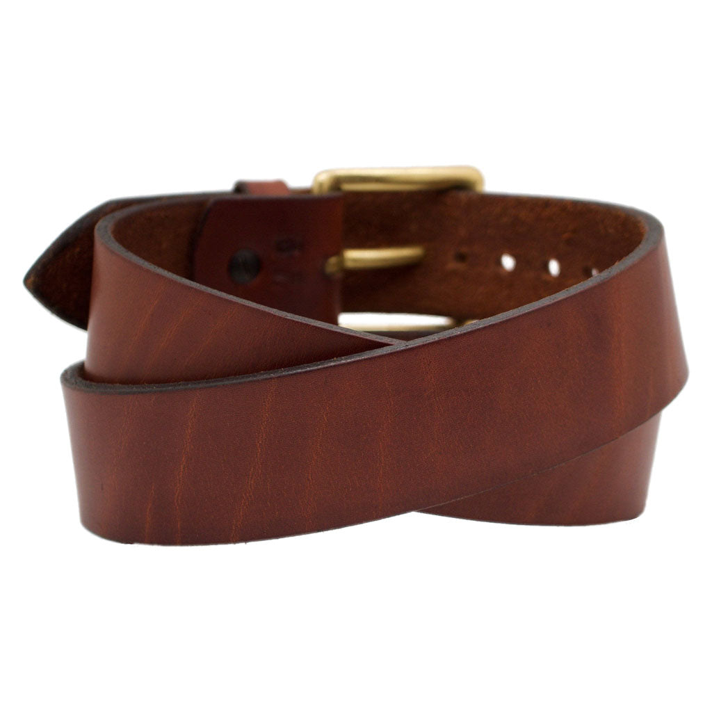 Back Side of Classic Mocha Mens Wide Brown Leather Belt with Solid Brass Buckle