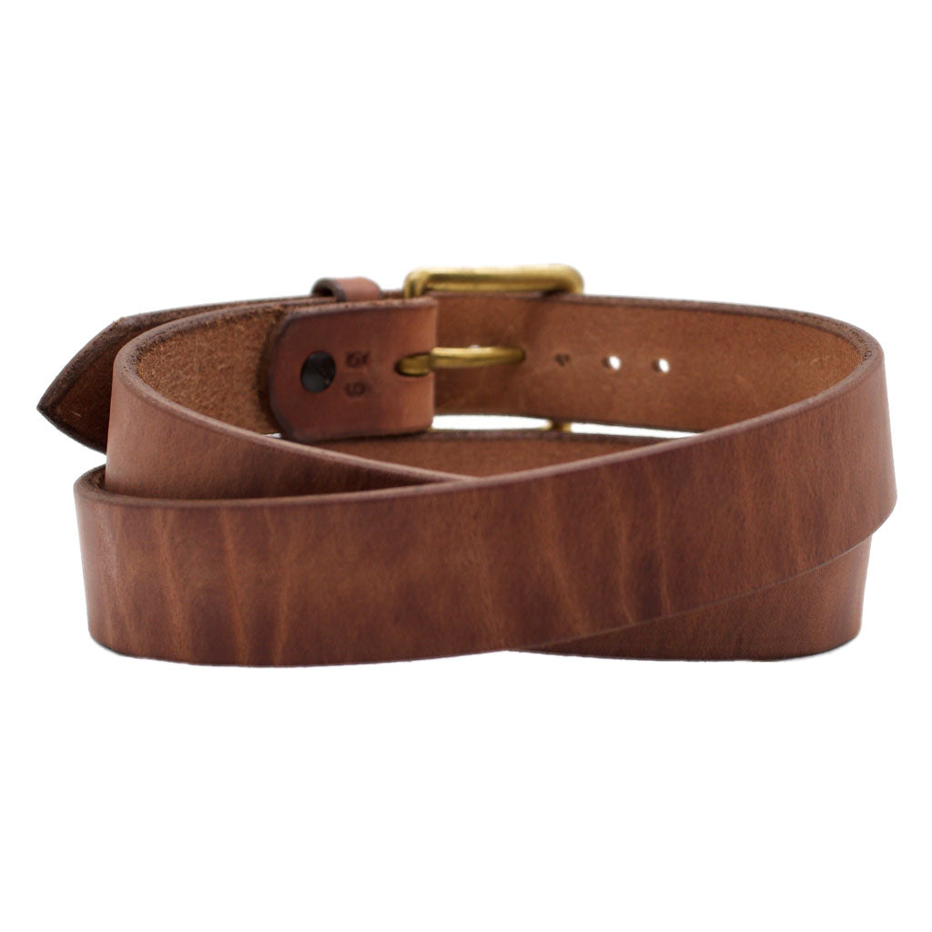 Front Side of Classic Natural Mens Brown Leather Belt with Solid Brass Buckle