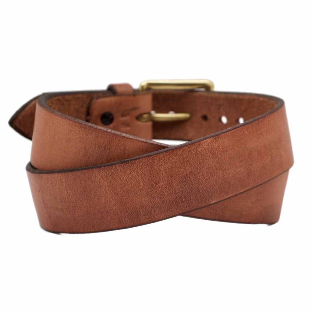 Front Side of Classic Wide Natural Mens Leather Belt with Solid Brass buckle