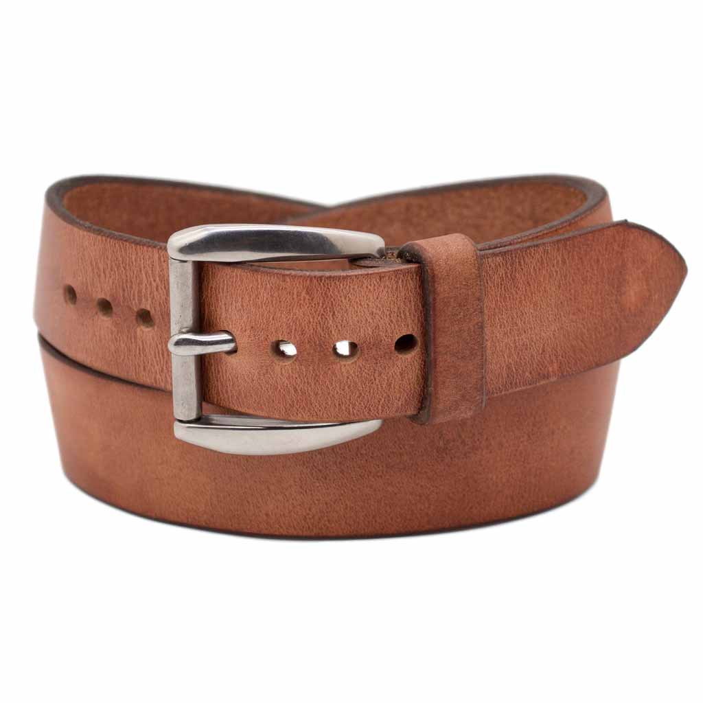 Front Side of Classic Wide Natural Mens Leather Belt with Stainless Steel buckle