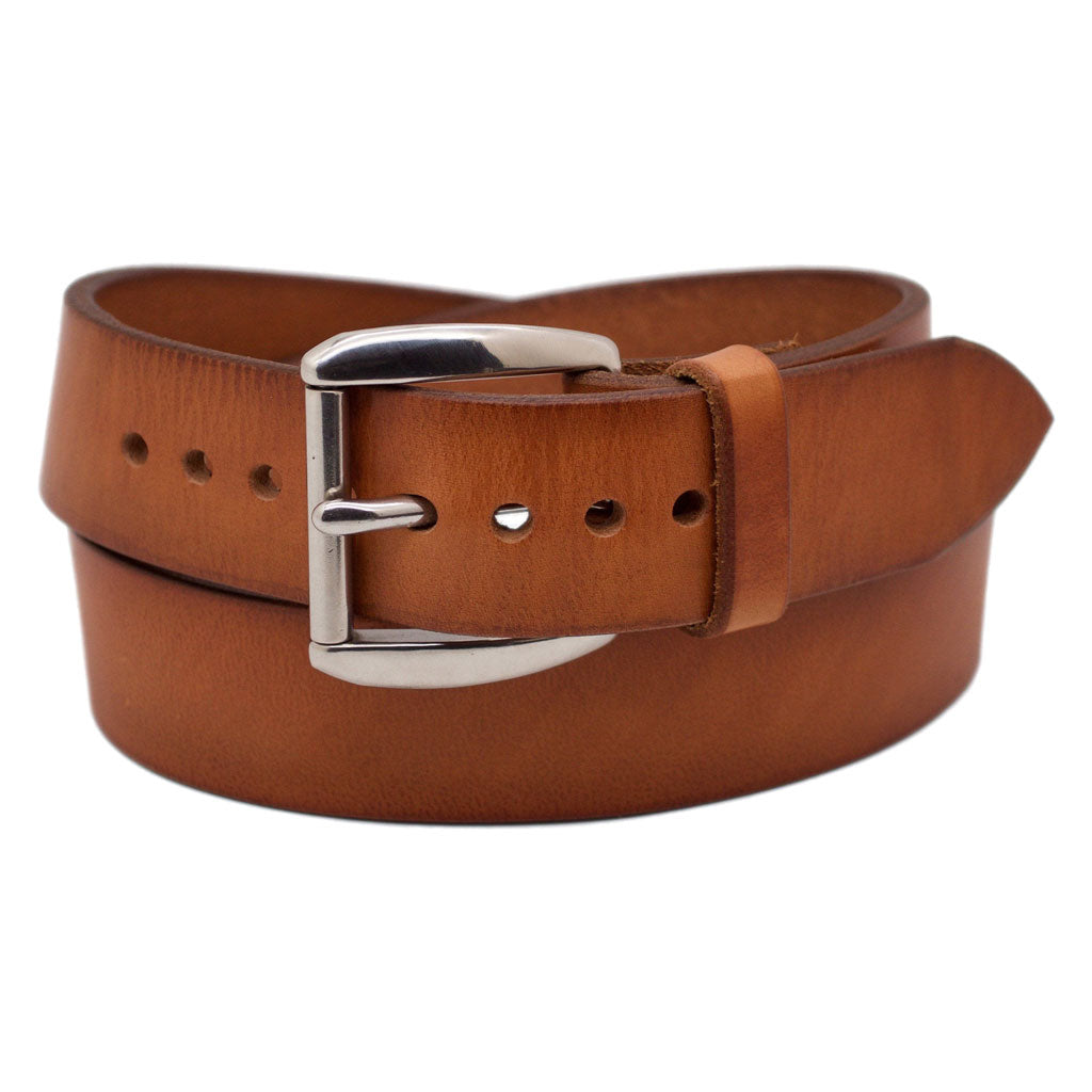 Front Side of Classic Sedona Mens Wide Brown Leather Belt with Stainless Steel Buckle