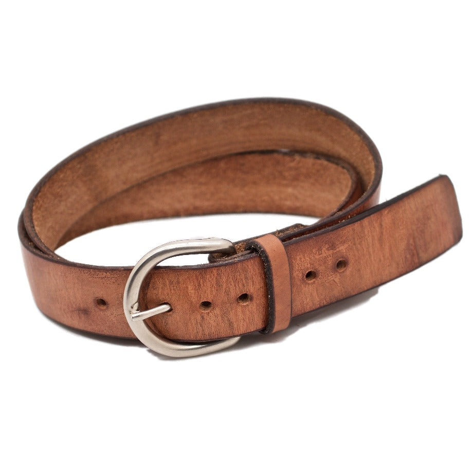 Front Side of Brooke Womens Natural Light Brown Leather Belt with Antique Rounded Brass buckle