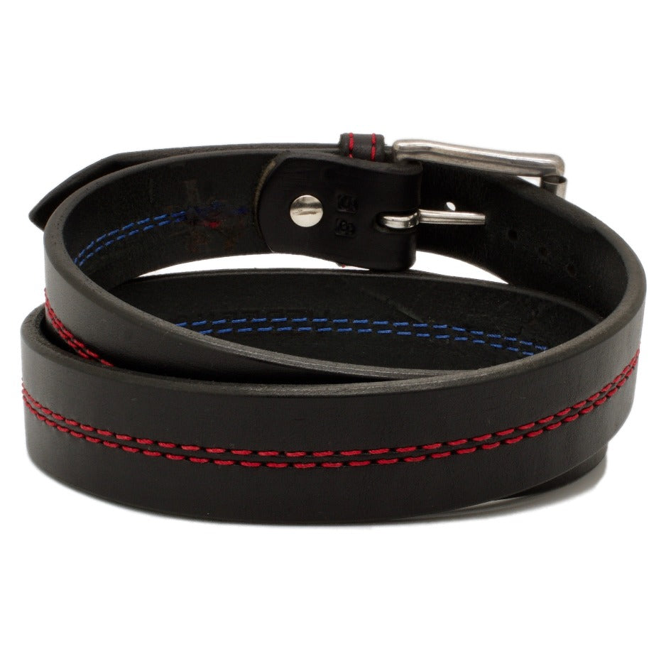 Back Side of Thin Red Line Black Leather Belt with Red Stitch and Stainless Steel buckle