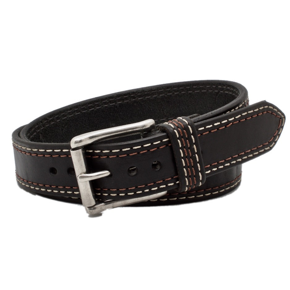 Front Side of Union Square Mens Black Leather Belt with Stainless Steel buckle