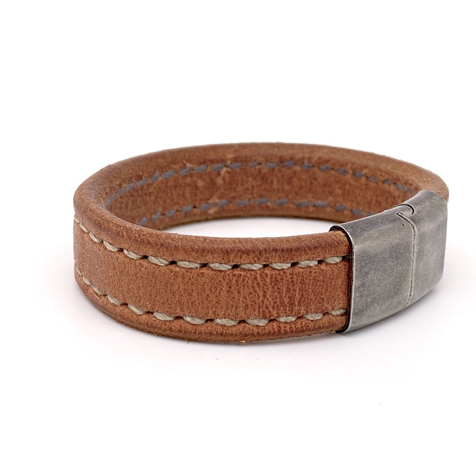 Front Side of Oak Creek Bespoke Men's Leather Bracelet with Stainless Steel Clasp