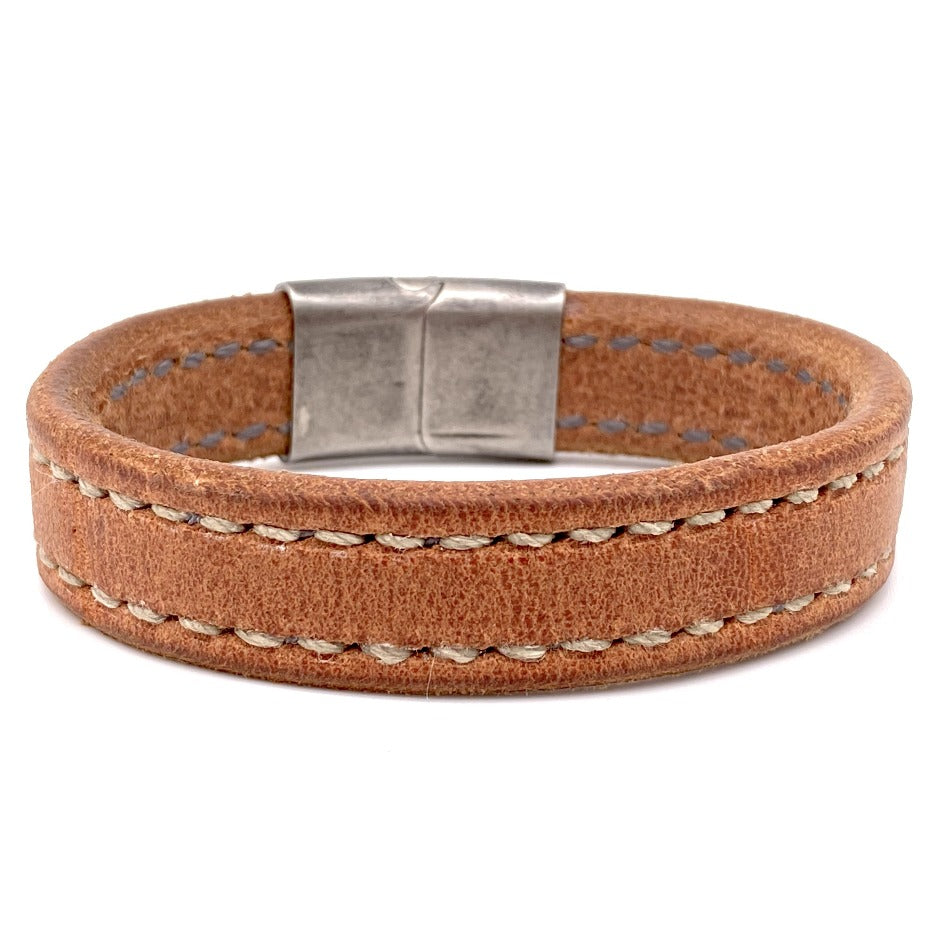 Front Side of Oak Creek Bespoke Men's Leather Bracelet with Stainless Steel Clasp