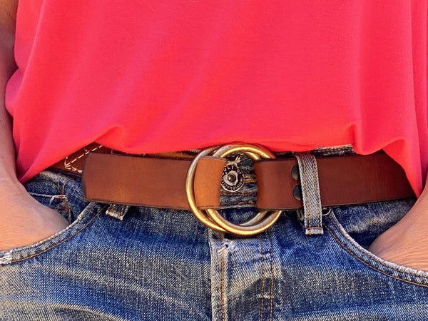 Double D ring belt - 85 / Chestnut / Suede leather