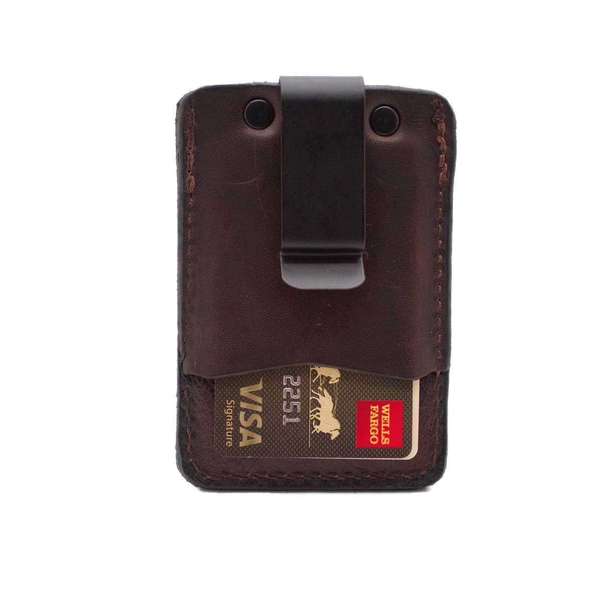 Back pocket of mahogany minimalist wallet with cards in pocket