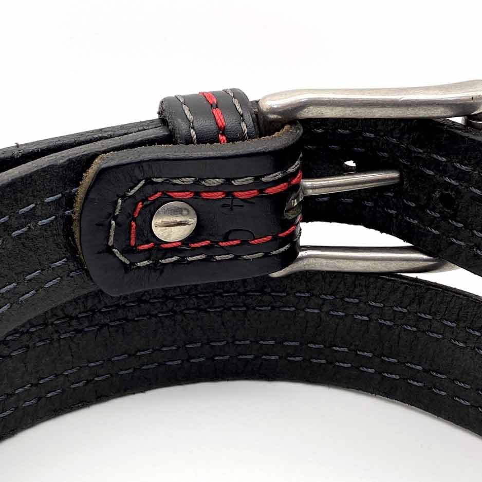 Closeup of Back Side of McQueen Mens Black Leather Belt with Stainless Steel buckle