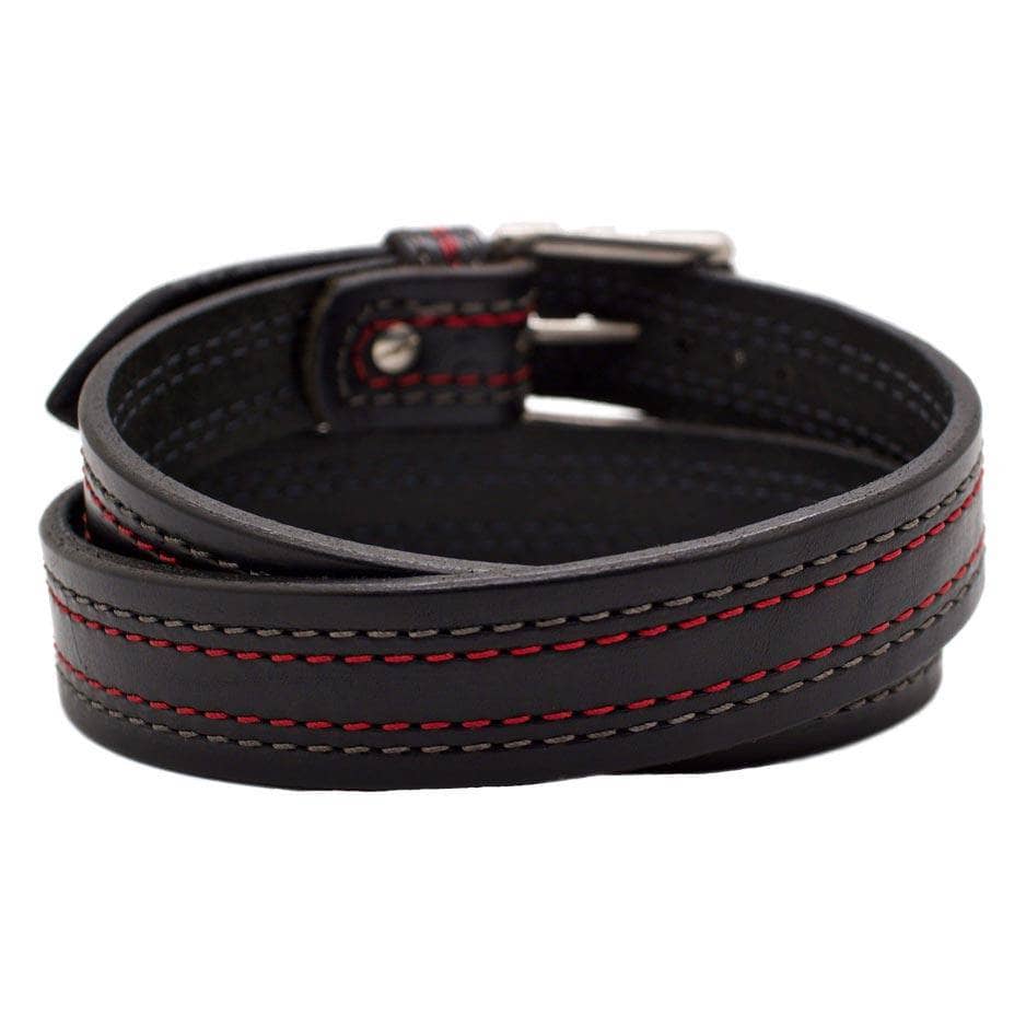 Front Side of McQueen Mens Black Leather Belt with Cardinal and Steel Stitching and Stainless Steel buckle