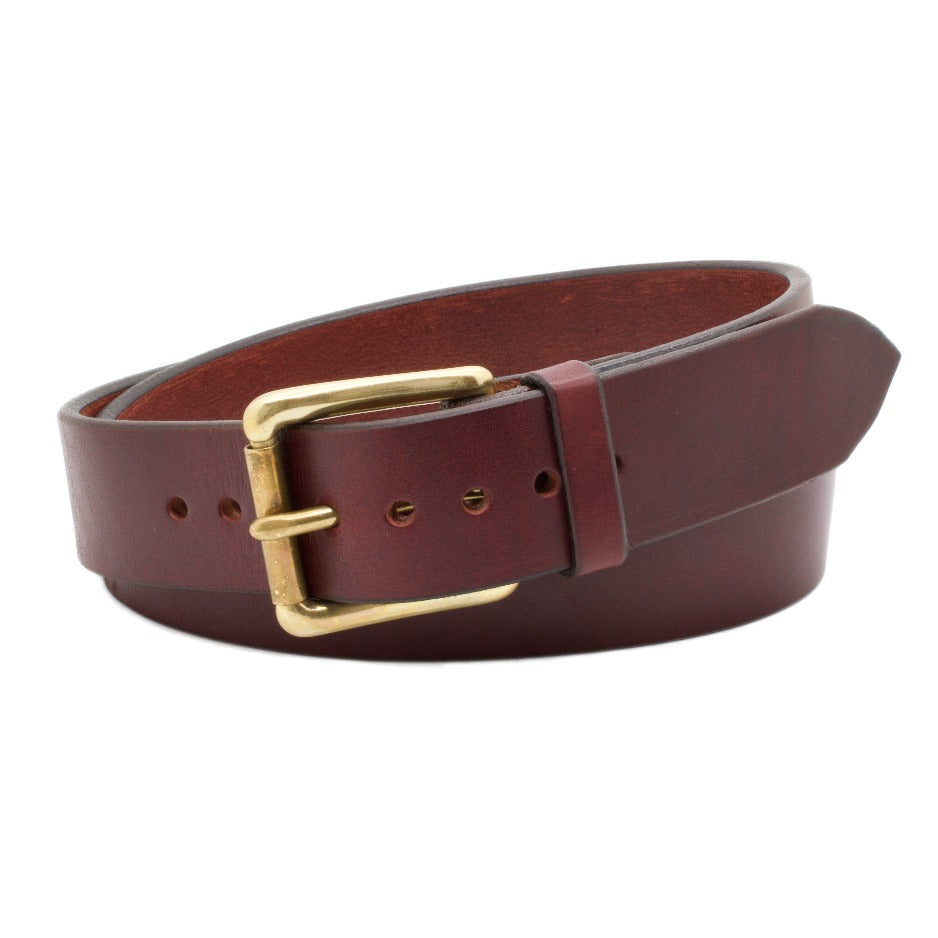 Front Side of Classic Merlot Mens Leather Belt with Solid Brass buckle