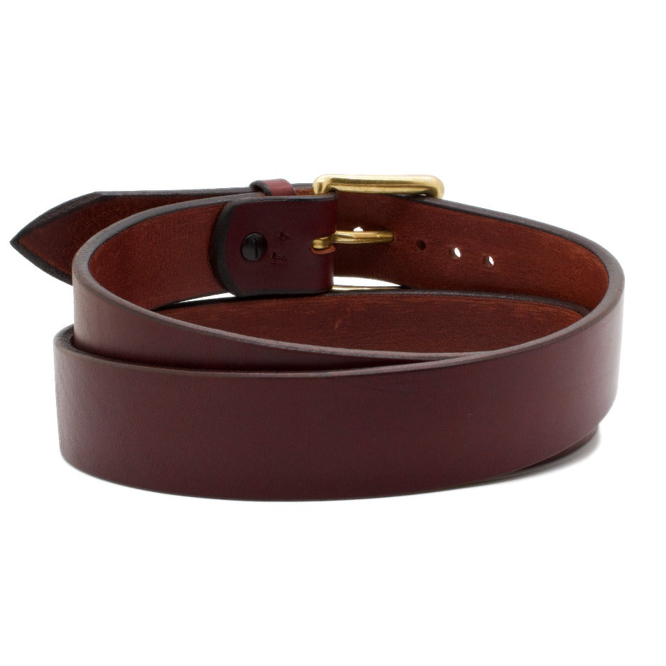 Back Side of Classic Merlot Mens Leather Belt with Solid Brass buckle