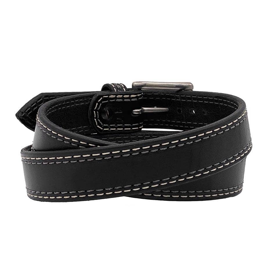 Front Side of Remington Mens Black Leather Belt with Parchment and Steel Stitching and Stainless Steel buckle