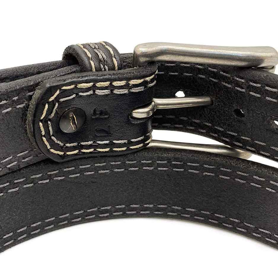 Closeup of Back Side of Remington Mens Black Leather Belt with Stainless Steel buckle
