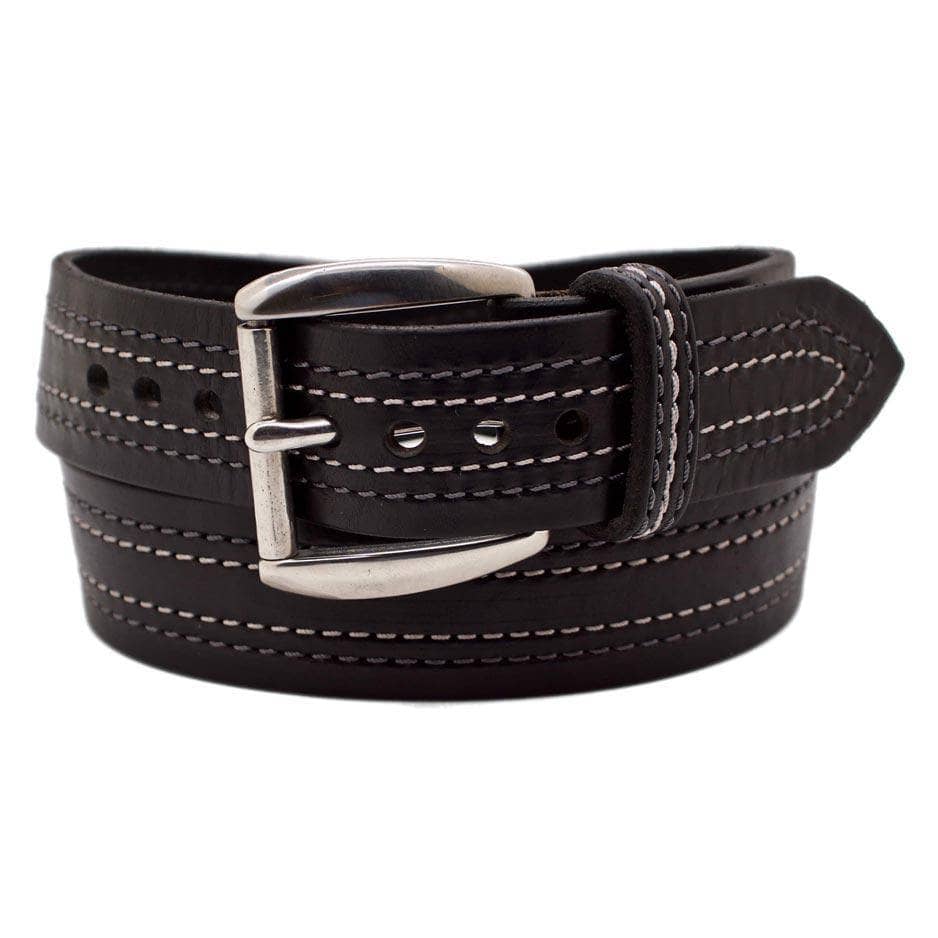Front Side of Tesla Mens Wide Black Leather Belt with Stainless Steel buckle