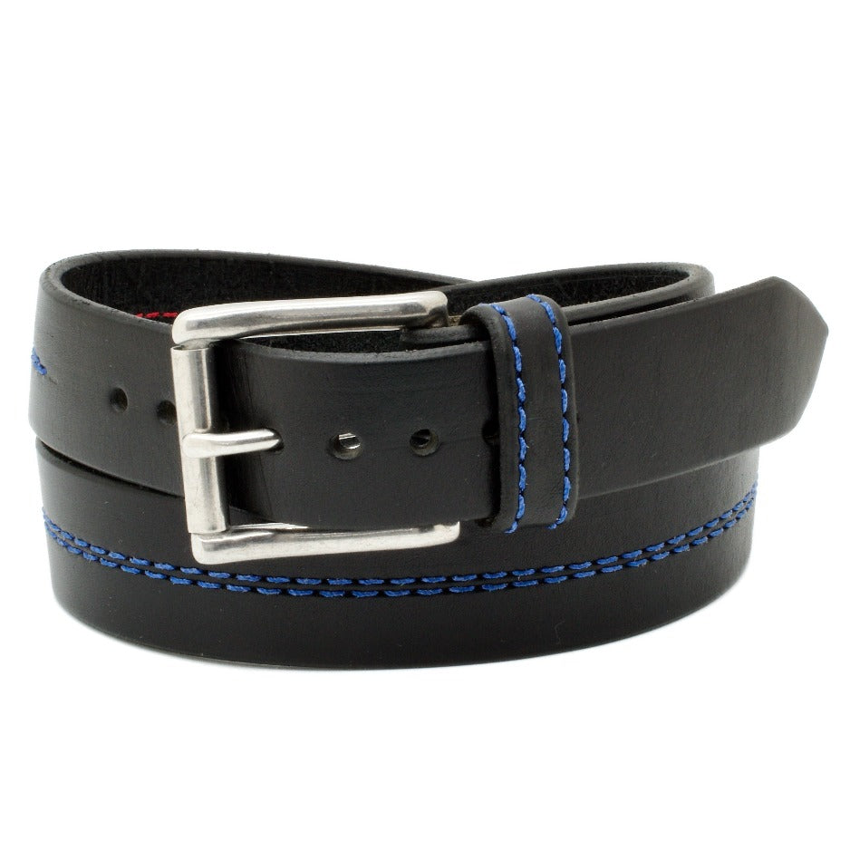 Front Side of Thin Blue Line Police Honor Leather Belt with Stainless Steel buckle
