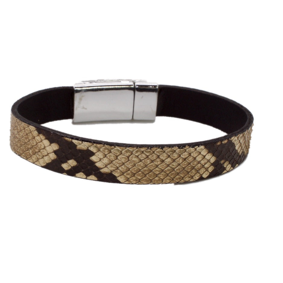 Front Side of Python and Leather Bracelet with Silver Electroplate Magnetic Clasp