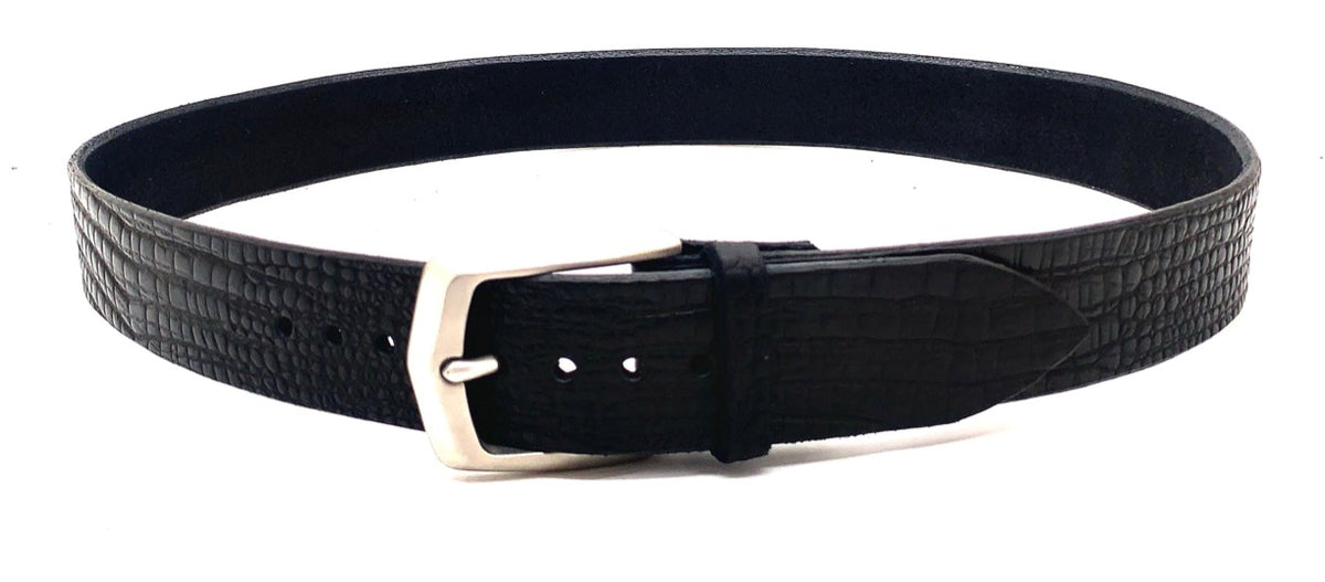 Black one piece belt with alligator belly embossing and solid stainless steel buckle very rigid