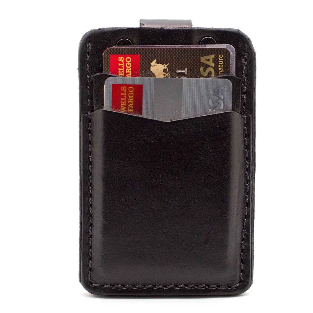 Front side of black minimalist wallet with 2 pockets showing cards