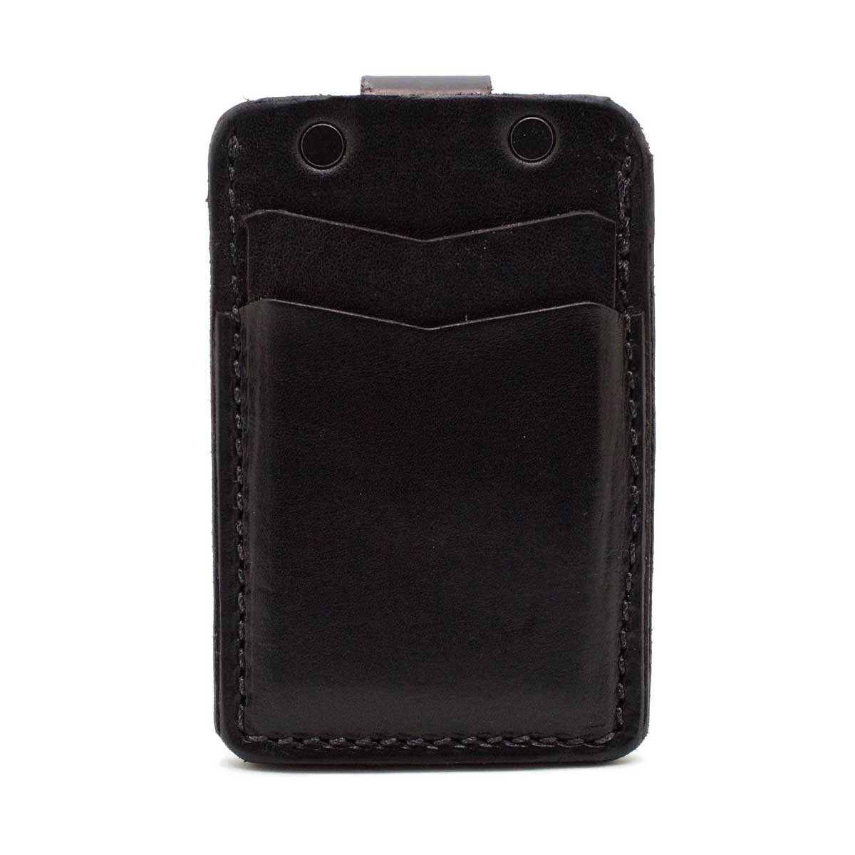 Front side of black minimalist wallet showing 2 pockets empty