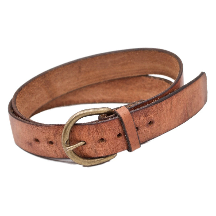 Front Side of Brooke Womens Natural Light Brown Leather Belt with Antique Rounded Brass buckle