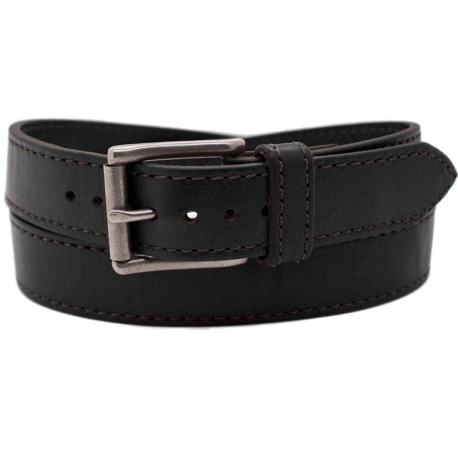 Front Side of Carnegie Mens Black Leather Belt with Stainless Steel buckle