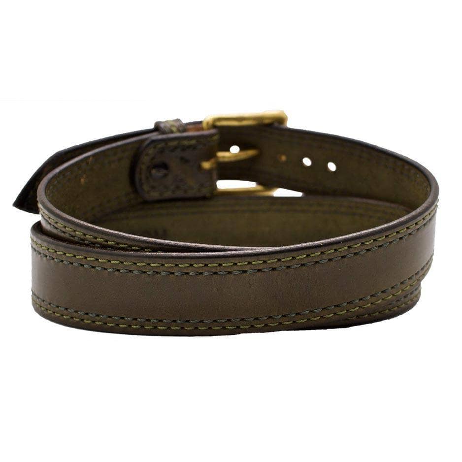 Back Side of Cedar Lane Mens Olive Green Leather Belt with Solid Brass buckle