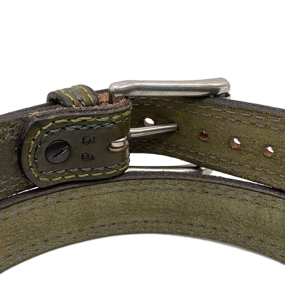 Closeup of Back Side of Cedar Lane Mens Olive Green Leather Belt with Stainless Steel buckle