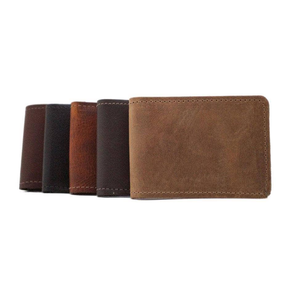 Charleston Espresso Brown Leather Bifold Wallet partially open with cards in pockets