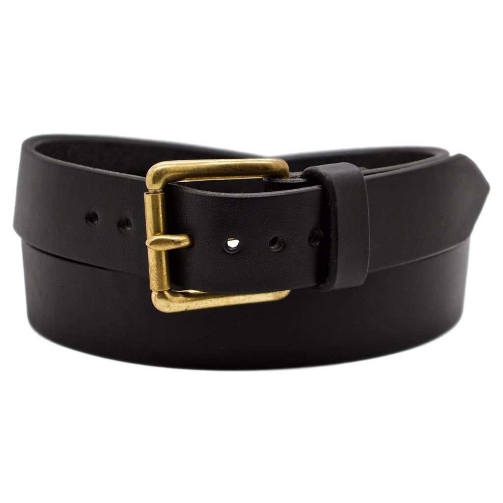 Front Side of Classic Black Mens Leather Belt with Solid Brass buckle