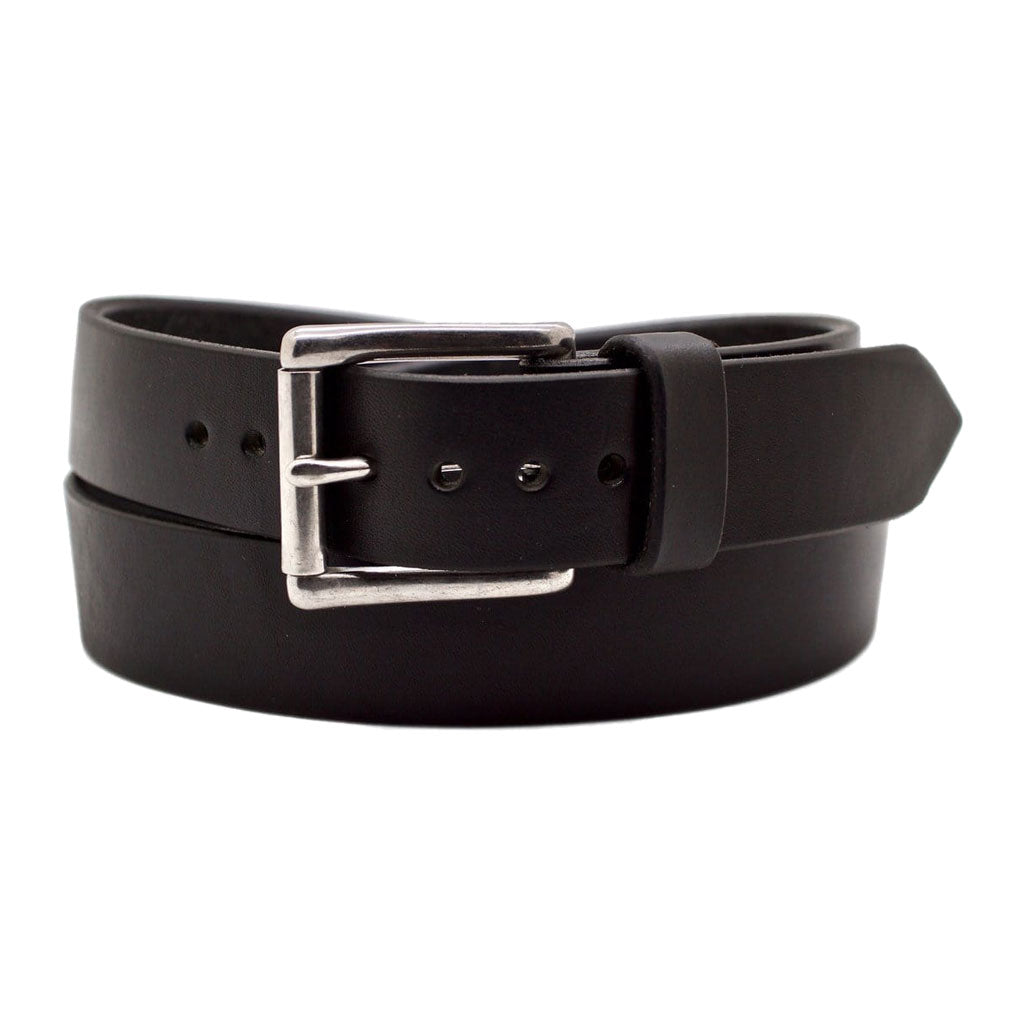 Front Side of Classic Black Mens Leather Belt with Stainless Steel buckle