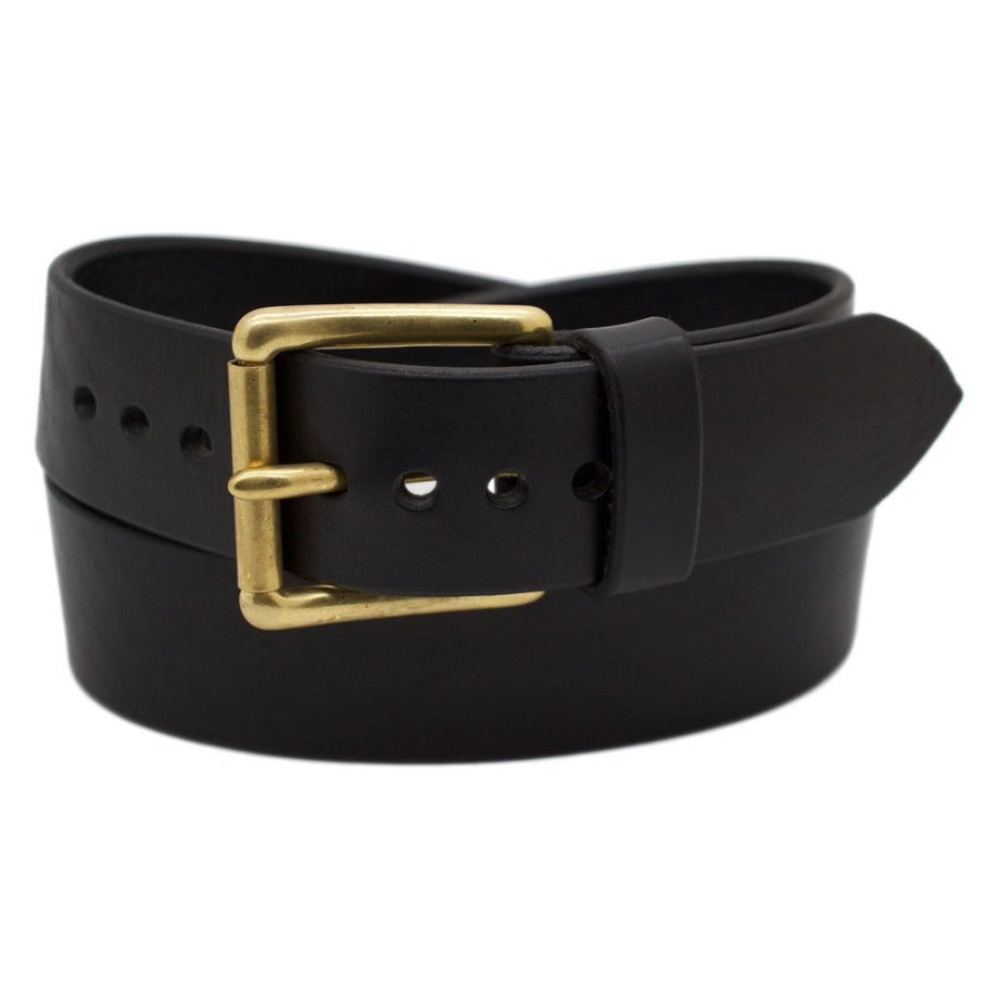 Front Side of Classic Black Mens Wide Leather Belt with Solid Brass buckle