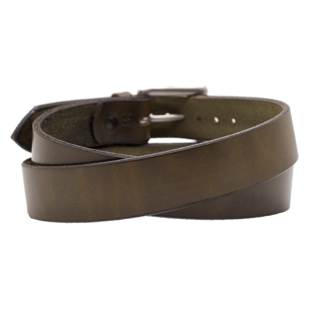 Back Side of Classic Cedar Olive Green Mens Leather Belt with Stainless Steel Buckle