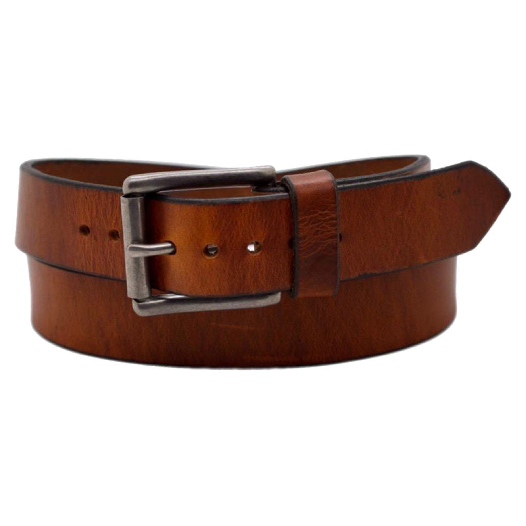 Front Side of Classic Copper Mens Brown Leather Belt with Stainless Steel Buckle