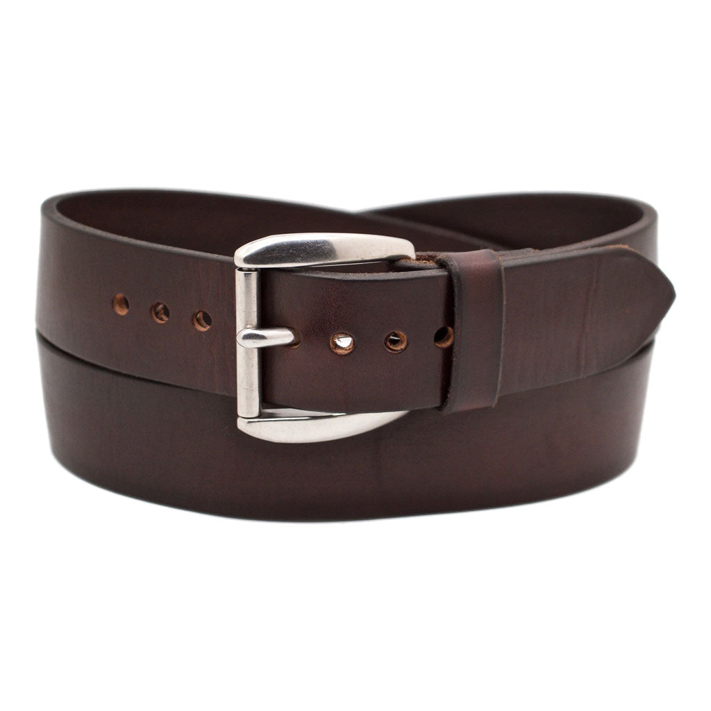 Front Side of Classic Espresso Mens Wide Brown Leather Belt with Stainless Steel Buckle