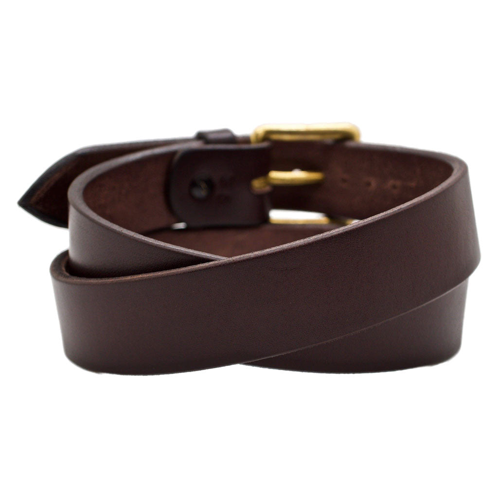Back Side of Classic Espresso Mens Brown Leather Belt with Solid Brass Buckle
