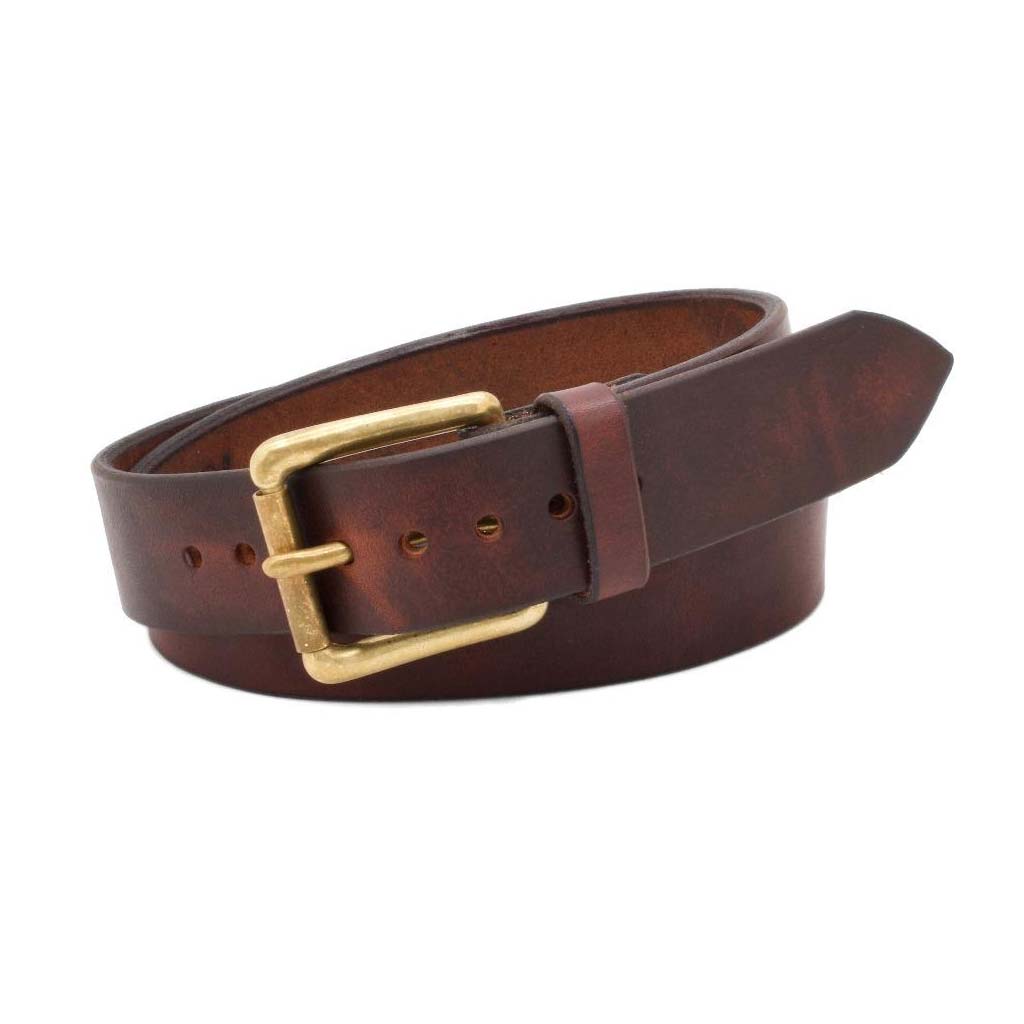 Front Side of Classic Mahogany 1.5 Mens Leather Belt with Solid Brass buckle