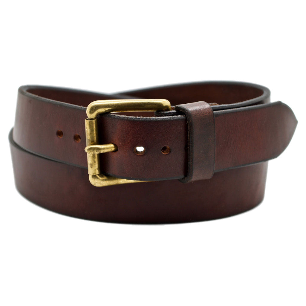 Front Side of Classic Narrow Mahogany Mens Brown Leather Belt with Solid Brass Buckle