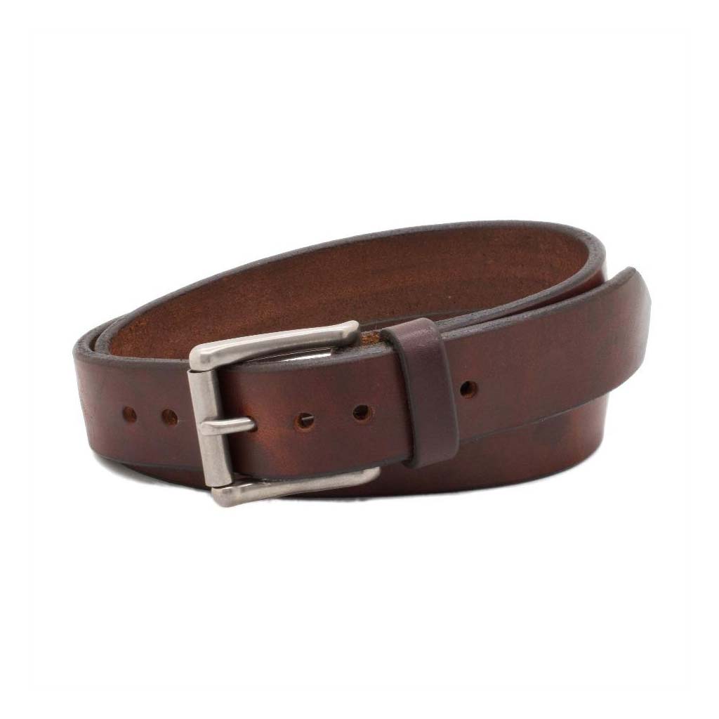 Front Side of Classic Narrow Mahogany Mens Leather Belt with Stainless Steel buckle