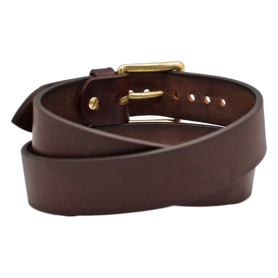 Back Side of Classic Mahogany Mens Wide Brown Leather Belt with Solid Brass Buckle
